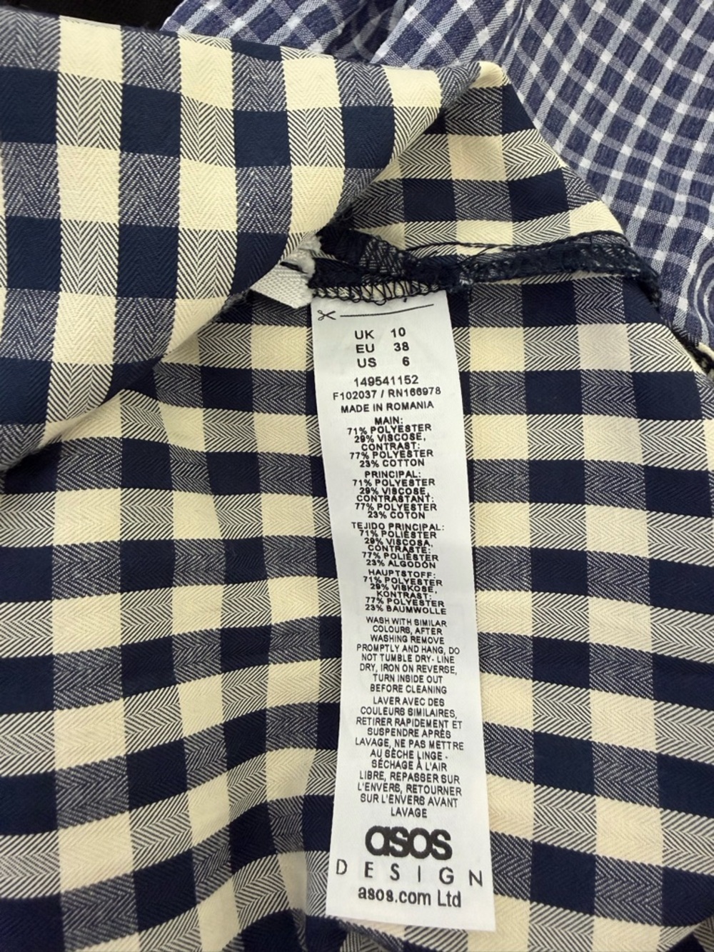 NWT ASOS Design Mixed Gingham Tiered Mini Dress Blue White V Neck Size 6 - Picture 8 of 9